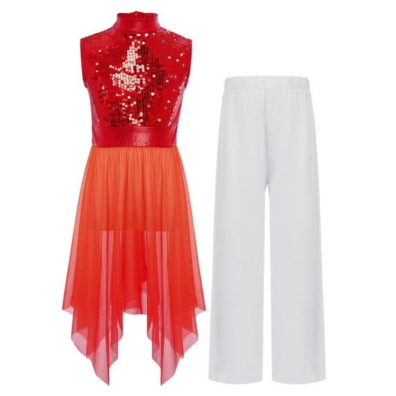 Sholeno Girls Worship Praise Dance Outfits Sleeveless Sequin Liturgical Tunic Overlay Dress with Wide Leg Pants Red 16