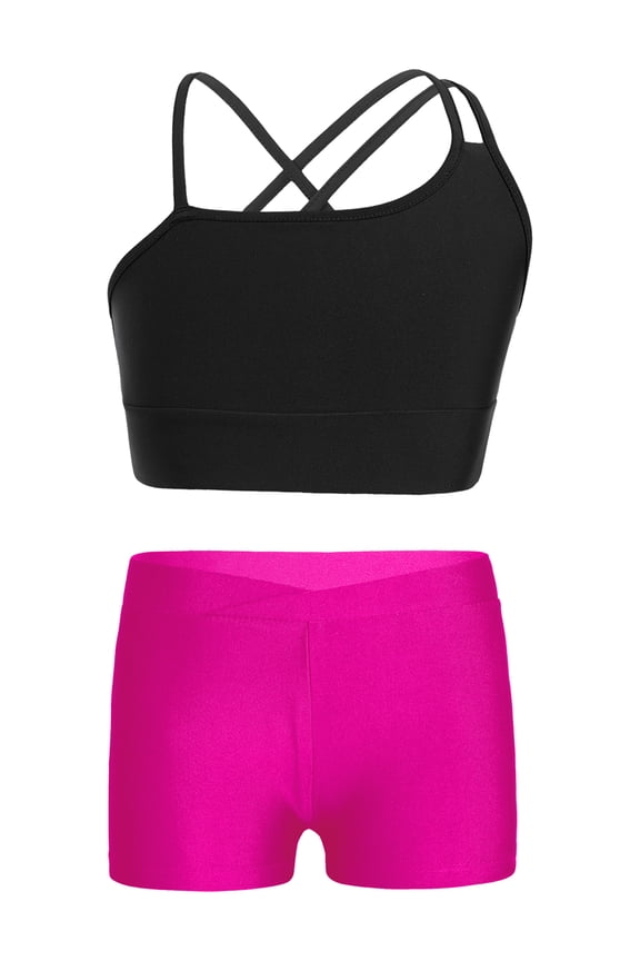 Girls Yoga Outfit 2pcs Crop Top and Track Shorts Set Athletic Workout Street Dance Outfit Black&Rose XL