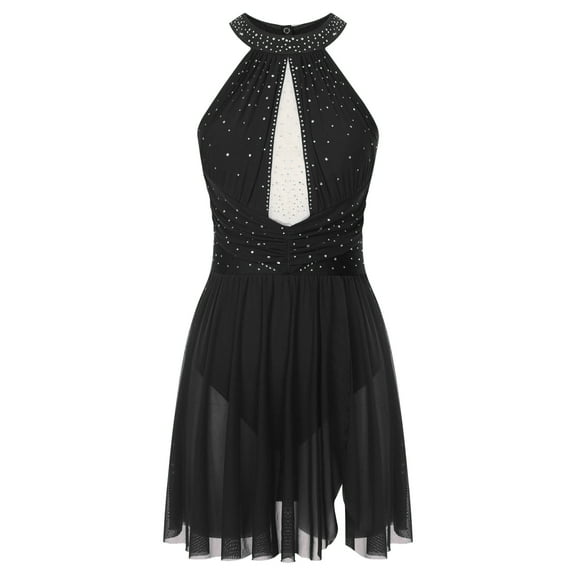 Sholeno Glitter Rhinestone Lyrical Dance Dress For Women Sleeveless Backless Modern Contemporary Black XL