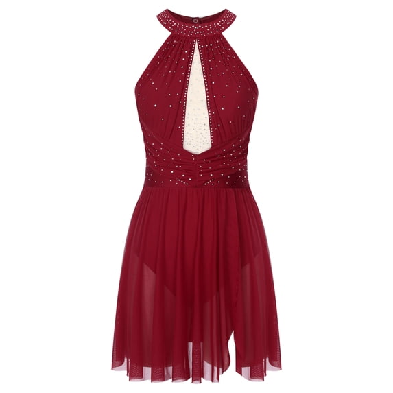 Sholeno Glitter Rhinestone Lyrical Dance Dress For Women Sleeveless Backless Modern Contemporary Burgundy S