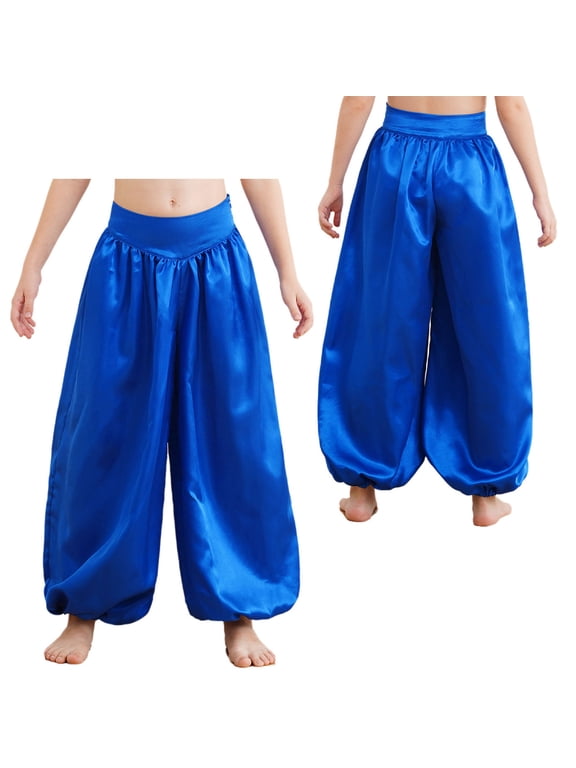 Harem Pants for Girls Halloween Party Tribal Arabic Trousers Satin Bloomers Belly Dance Bottoms Blue 6