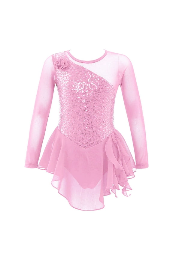 Kid Girls Mesh Splice Mock Neck Cutout Back Gymnastics Leotard Figure Ice Skating Roller Pink 10