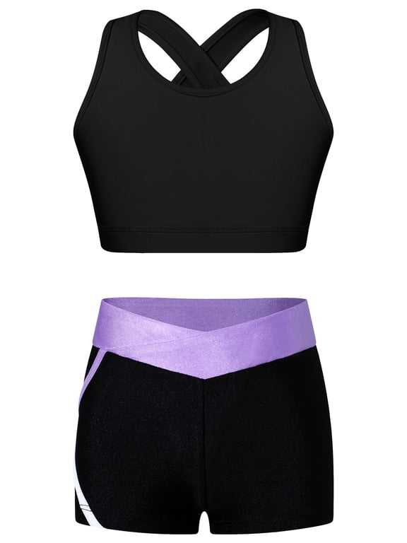 Kids 2 Piece Dance Outfit Dancewear Girls Gymnastics Crop Tank Tops Trainng Bra with Shorts Black&Lavender 8