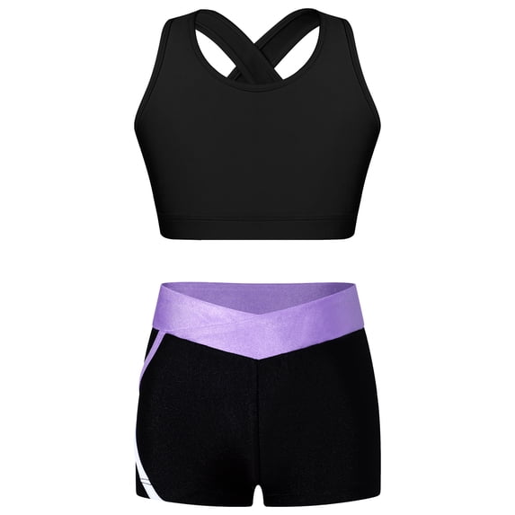 Sholeno Kids 2 Piece Dance Outfit Dancewear Girls Gymnastics Crop Tank Tops Trainng Bra with Shorts Black&Lavender 8