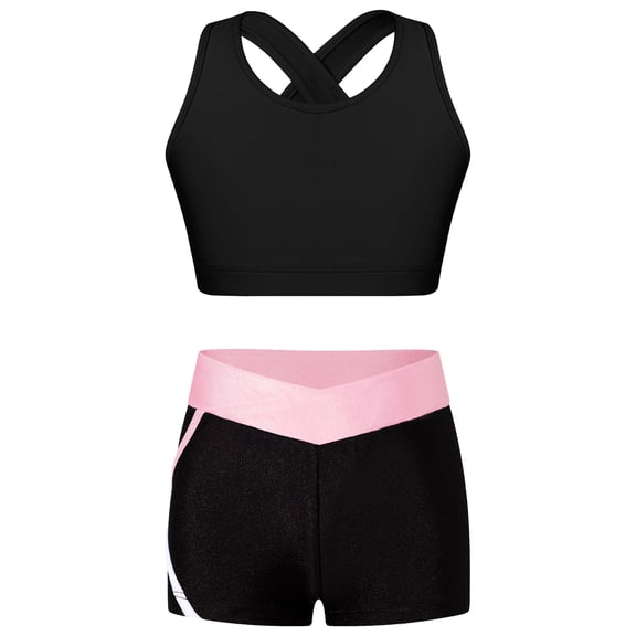 Sholeno Kids 2 Piece Dance Outfit Dancewear Girls Gymnastics Crop Tank Training Bra with Ballet Black&Pink 4