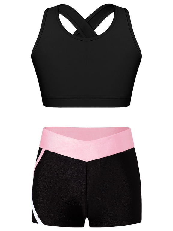 Kids 2 Piece Dance Outfit Dancewear Girls Gymnastics Crop Tank Training Bra with Ballet Black&Pink 4