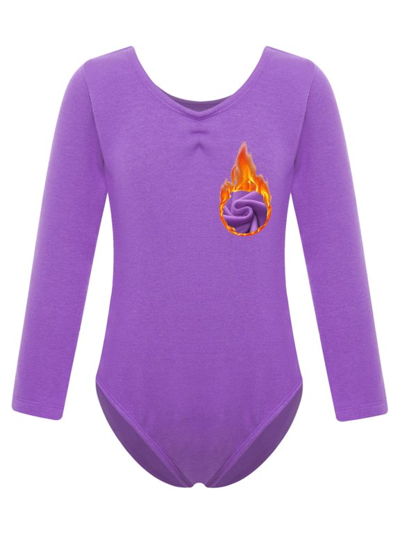 Kids Ballet Dance Leotard Fleece Lined Bodysuit Girls Gymnastics Unitard Undergarment Warm Up Purple 140