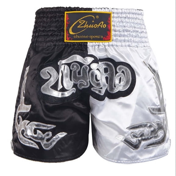 Sholeno Kids Boxing Trunks Boy Muay Thai Boxing Shorts Grappling Martial Arts Kickboxing Shorts Fight Black&White M/150