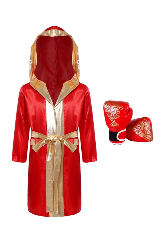 Kids Boys Boxing Outfits for Halloween Carnival Hooded Boxing Robe Cloak and Boxer Gloves Set Red 8
