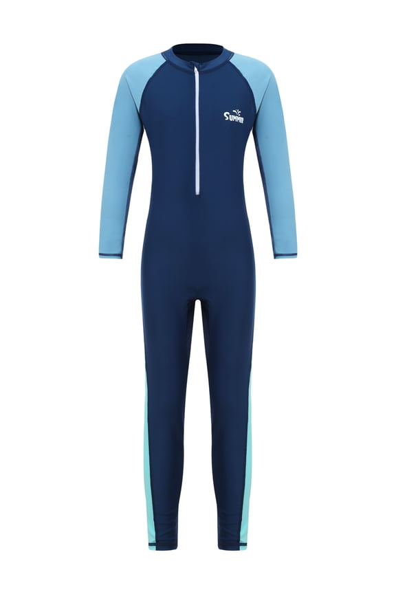 Kids Boys Color Block One Piece Swimsuit Swimwear Long Sleeve Rash Guard Sunsuit Wetsuit Navy Blue 11-12
