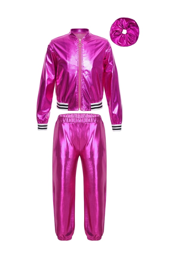 Kids Boys Girls Hip Hop Jazz Dance Costumes Shiny Metallic Bomber Jacket with Sweatpants Rose 8