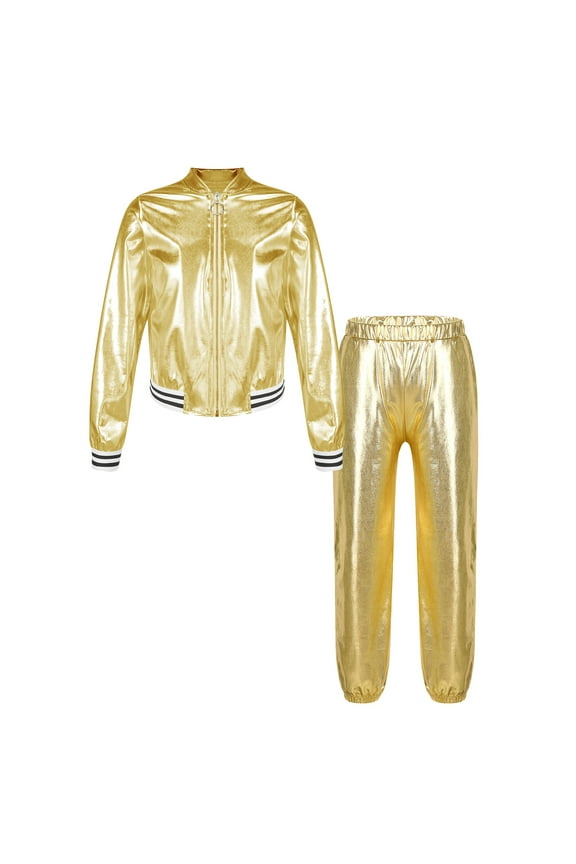 Kids Boys Girls Shiny Metallic Long Sleeves Jacket and Sweatpants Set Jazz Hip Hop Dance Gold 8