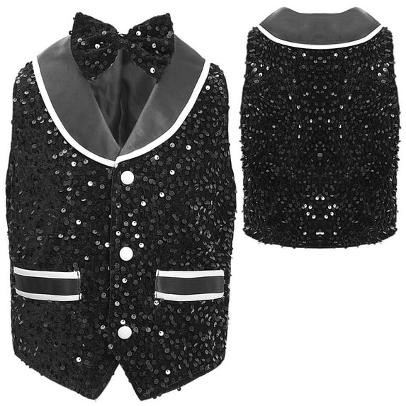 Sholeno Kids Boys Girls Sleeveless Shiny Sequin Vest Sparkly Button Down Velvet Tuxedo Waistcoat for Wedding Black 10