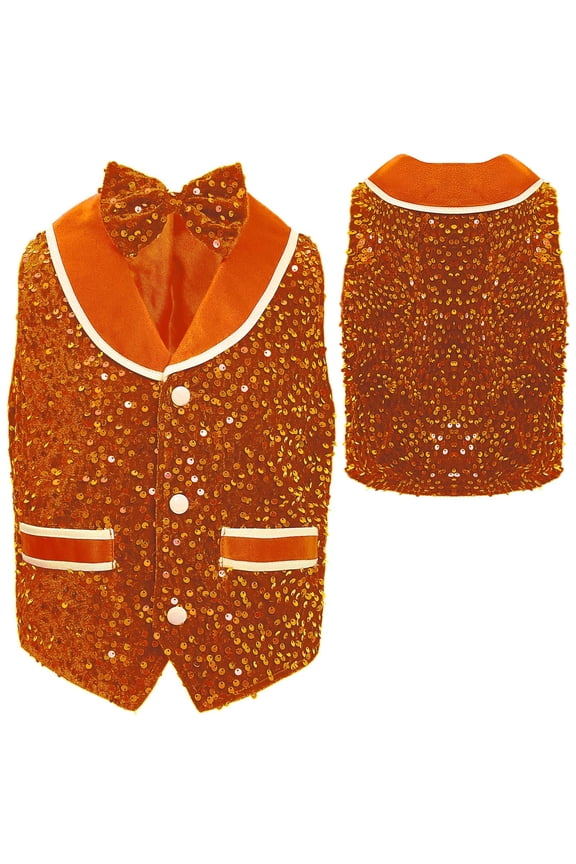 Kids Boys Girls Sleeveless Shiny Sequin Vest Sparkly Button Down Velvet Tuxedo Waistcoat for Wedding Orange 16