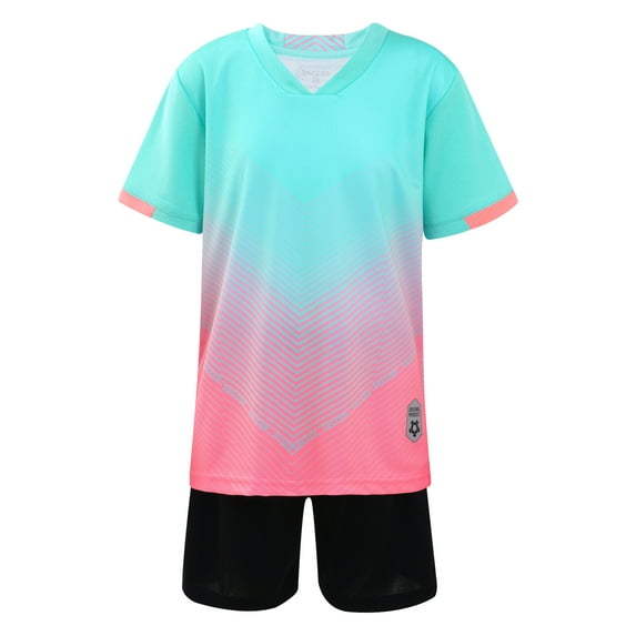 Sholeno Kids Boys Jerseys Shirts and Shorts Set Basketball Football Exercise Sportswear Mint Green&Pink XXS