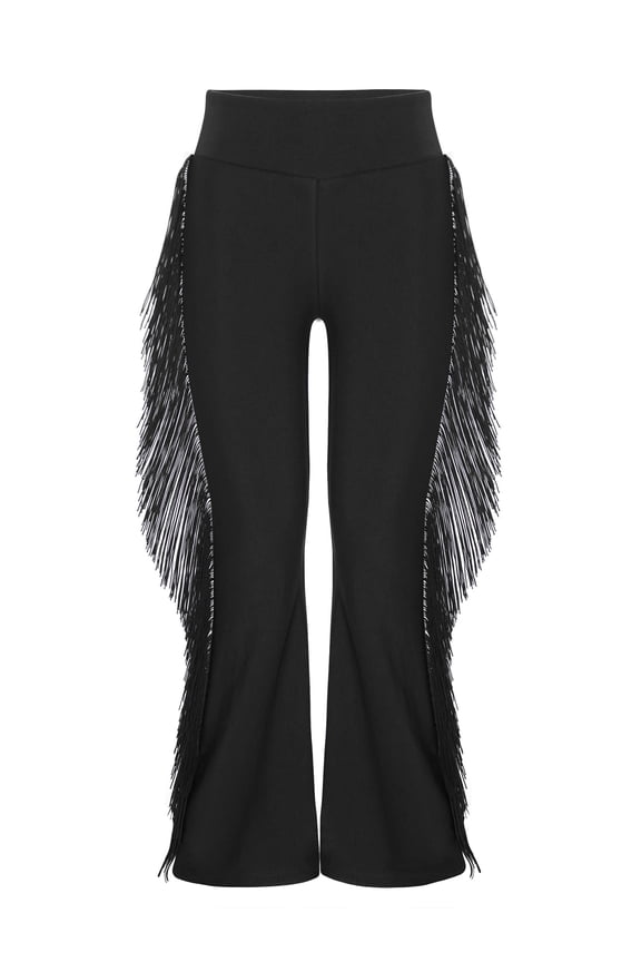 Kids Boys Latin Dance Pants Fringe Flared Bell Bottoms Tassel Ballroom Samba Dance Trousers Jazz Pants Black 16