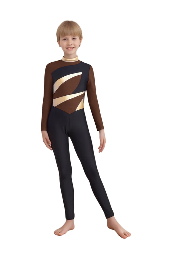 Kids Boys Long Sleeve Metallic Turtleneck Unitard Full Body Gymnastics Dance Leotard Jumpsuit Brown 16