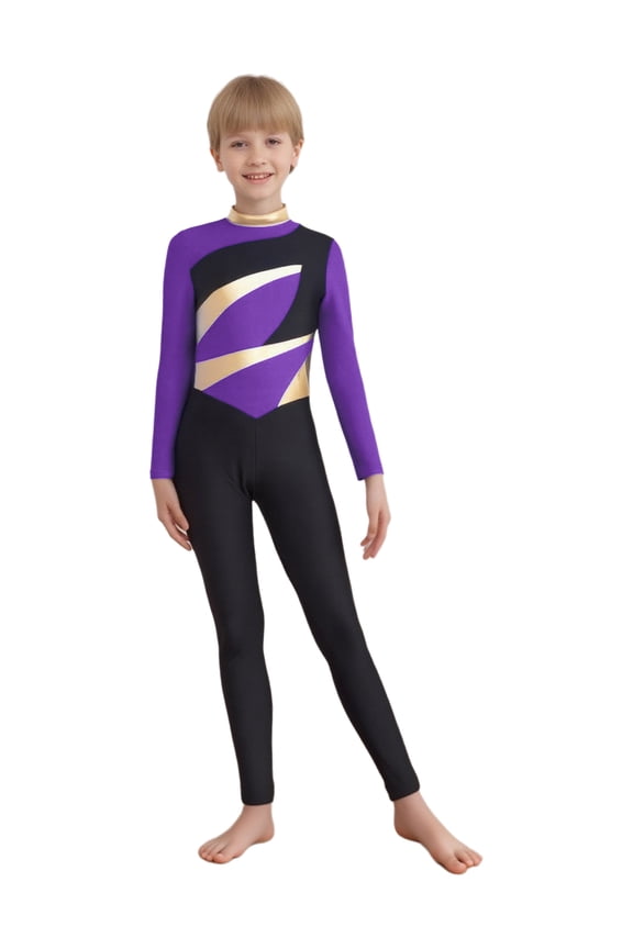 Kids Boys Long Sleeve Metallic Turtleneck Unitard Full Body Gymnastics Dance Leotard Jumpsuit Purple 6