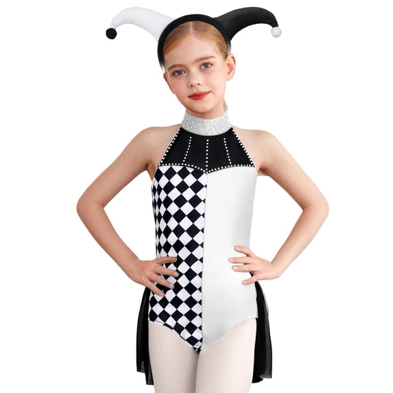 Sholeno Kids Girl Checkerboard Clown Outfits Halter Dance Leotard Sleeveless Creepy Jester Role Playing White Black 14