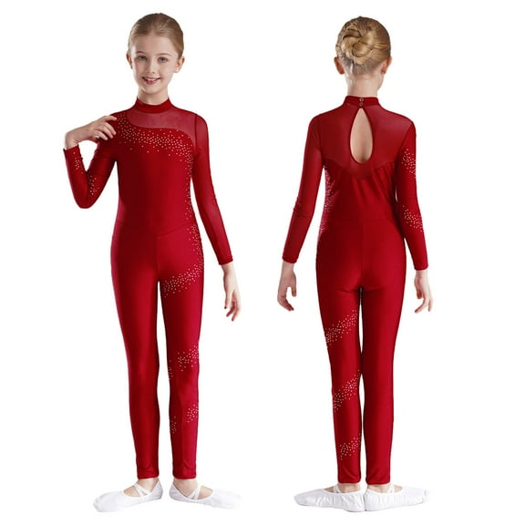 Sholeno Kids Girl's Turtleneck Rhinestone Long Sleeve Full Body Jumpsuit Gymnastics Ballet Dance Leotard Unitard Burgundy 6