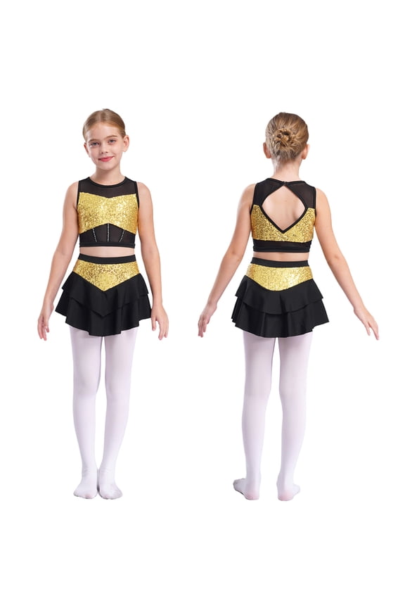 Kids Girls 2 Piece Jazz Latin Ballroom Performance Costume Ballet Dance Dress Modern Dancewear Gold 6