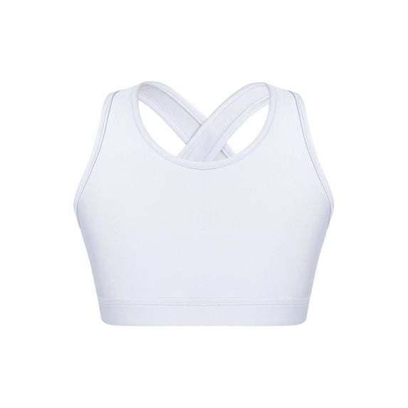 Sholeno Kids Girls Athletic Crop Tank Tops Racer Back Sleeveless Dance Gym Yoga Training Sports Bra White 4