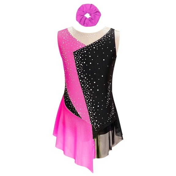 Sholeno Kids Girls Athletic Skating Dance Dress Sleeveless Sparkly Bodysuit with Hair Band Competition Dancewear Hot Pink 8