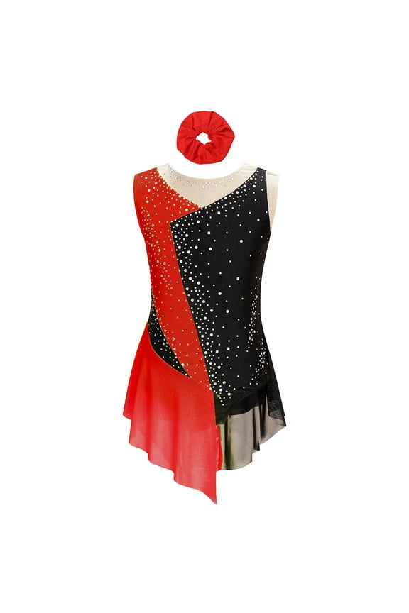 Kids Girls Athletic Skating Dance Dress Sleeveless Sparkly Bodysuit with Hair Band Competition Dancewear Red 6