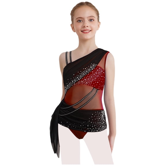 Sholeno Kids Girls Ballet Gymnastics Leotard Rhinestones Mesh Color Block Figure Skating Dance Bodysuit Burgundy 12