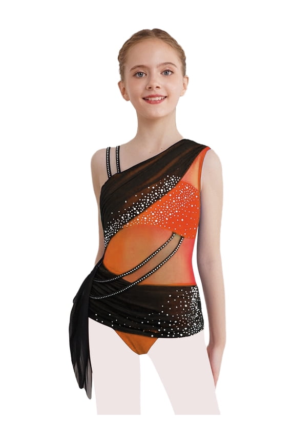 Kids Girls Ballet Gymnastics Leotard Rhinestones Mesh Color Block Figure Skating Dance Bodysuit Orange 16