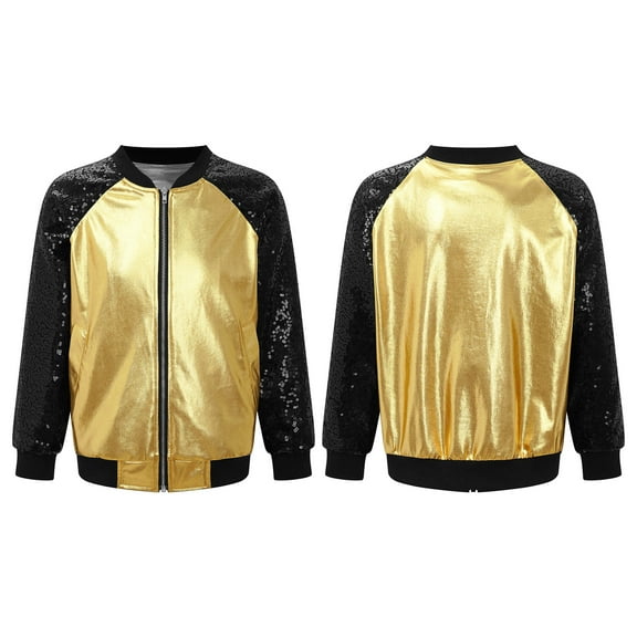 Sholeno Kids Girls Bomber Jacket Shiny Sequin Raglan Long Sleeve Zip Up Jackets Hip Hop Dancewear Gold 14