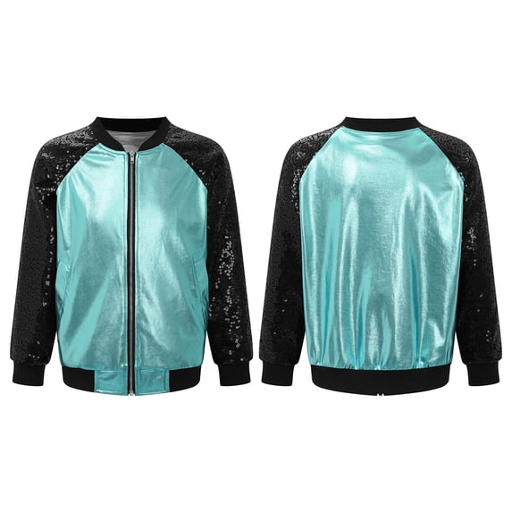 Sholeno Kids Girls Bomber Jacket Shiny Sequin Raglan Long Sleeve Zip Up Jackets Hip Hop Dancewear Lake Blue 10