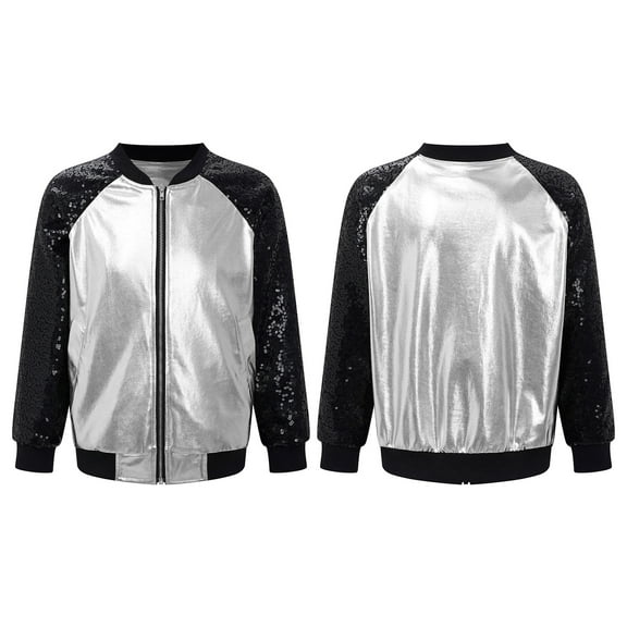 Sholeno Kids Girls Bomber Jacket Shiny Sequin Raglan Long Sleeve Zip Up Jackets Hip Hop Dancewear Silver 10