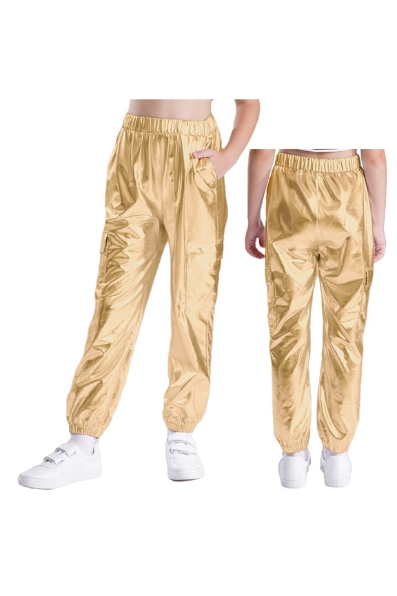 Kids Girls Boys Metallic Jazz Hip Hop Street Dance Jogger Cargo Pants Performance Party Harem Trousers Gold 8