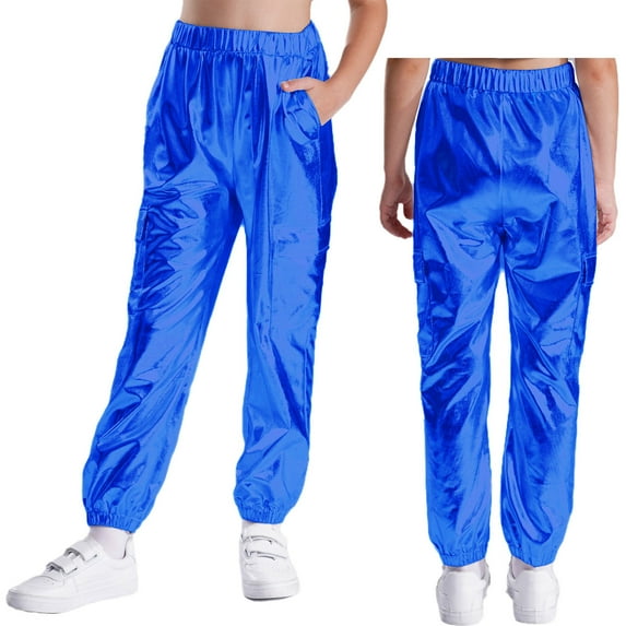 Sholeno Kids Girls Boys Metallic Jazz Hip Hop Street Dance Jogger Cargo Pants Performance Party Harem Trousers Royal Blue 14