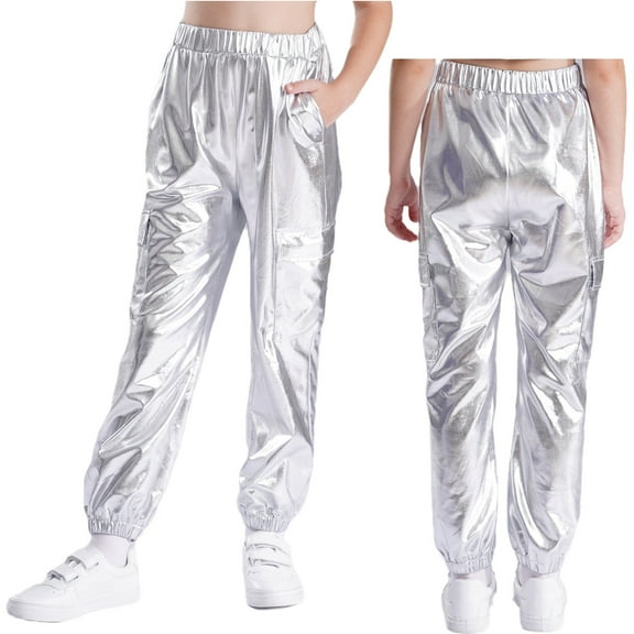 Sholeno Kids Girls Boys Metallic Jazz Hip Hop Street Dance Jogger Cargo Pants Performance Party Harem Trousers Silver 10