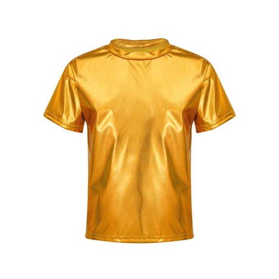 Sholeno Kids Girls Boys Shiny Metallic Short Sleeves Hip Hop Jazz Crop Tops Dancewear Gymnastics Gold 120