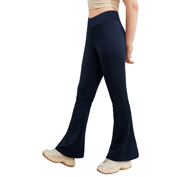 Sholeno Kids Girls Casual Elastic High Waist Flare Pants Stretchy Bootcut Trousers Bell Bottoms Dark Navy 140