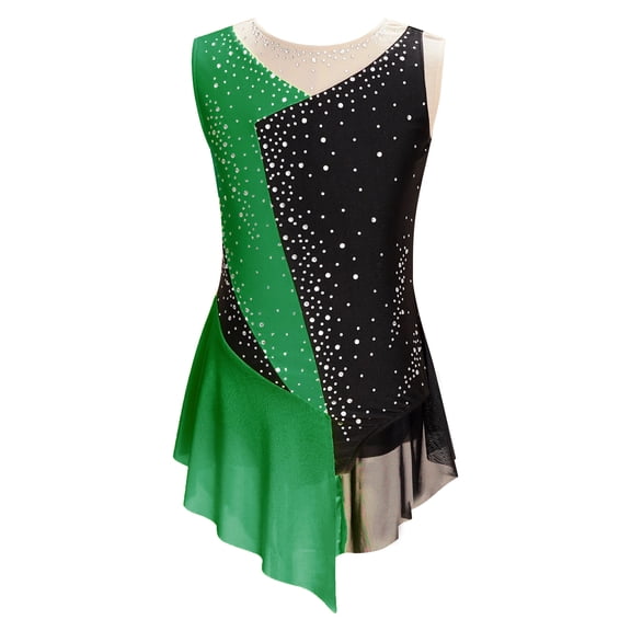 Sholeno Kids Girls Color Block Mesh Splice Shiny Diamond Ballet Dance Gymnastics Leotard Skating Green 16