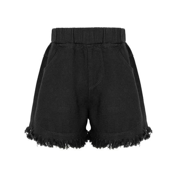 Sholeno Kids Girls Elastic Waistband Tassel Hem Denim Shorts Summer Hot Pants Sports Dancewear Black 130