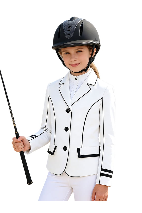 Kids Girls Equestrian Riding Blazer Long Sleeve Horse Riding Jacket Equestrian Show Coat White 16