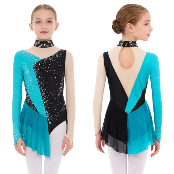Sholeno Kids Girls Figure Ice Skating Dress Long Sleeve Shiny Rhinestone Mesh Spliced Gymnastics Ballet Leotard Light Blue 14