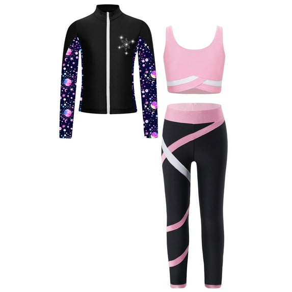 Sholeno Kids Girls Figure Ice Skating Gym Training Suit Contrast Color Jacket Crop Top Sport Bra with Pink 14