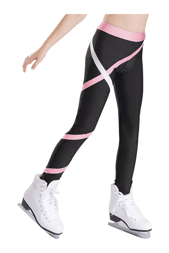Kids Girls Figure Ice Skating Spiral Pants Athletic Gymnastics Dance Leggings Yoga Pants Pink 8
