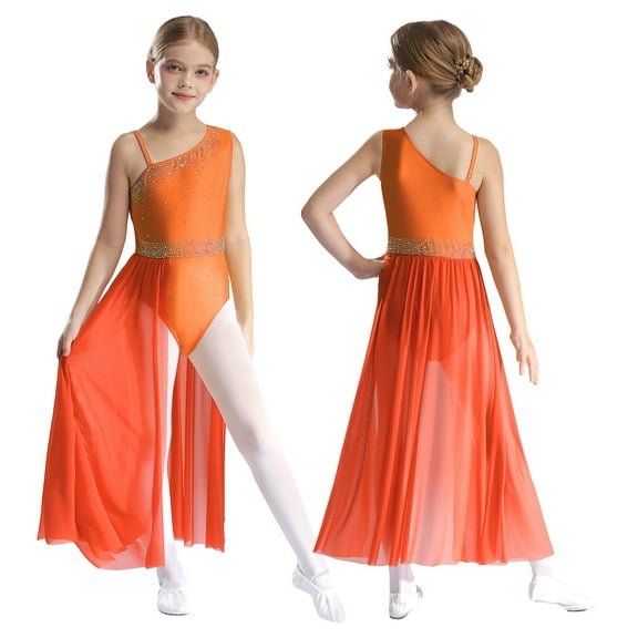 Sholeno Kids Girls Glittery Sleeveless Ballet Dance Leotard with Asymmetrical Sheer Mesh Skirted Lyrical Dance Dress Orange 14