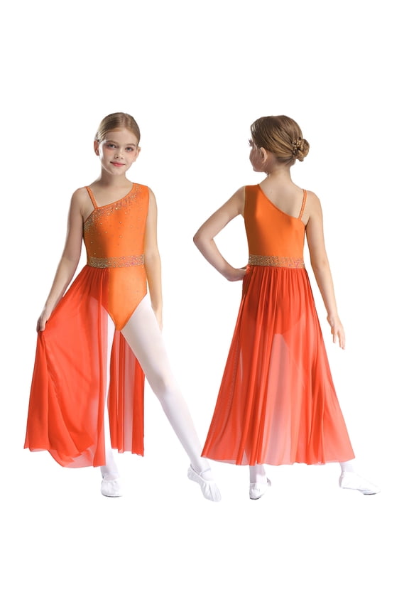 Kids Girls Glittery Sleeveless Ballet Dance Leotard with Asymmetrical Sheer Mesh Skirted Lyrical Dance Dress Orange 16