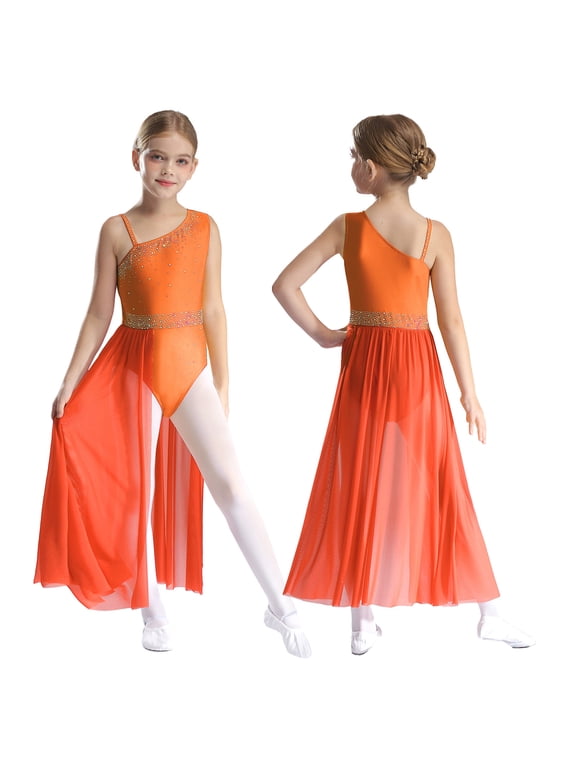 Kids Girls Glittery Sleeveless Ballet Dance Leotard with Asymmetrical Sheer Mesh Skirted Lyrical Dance Dress Orange 6