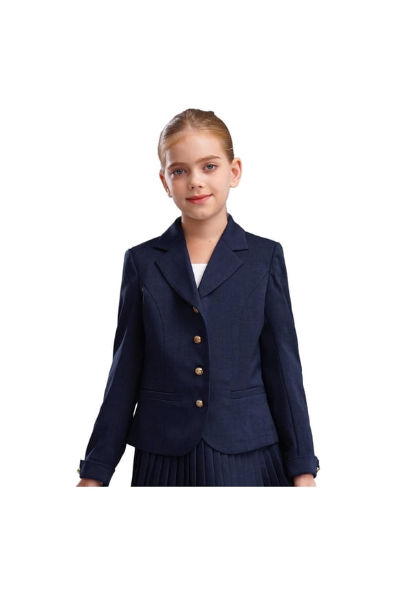 Kids Girls Lapel Button Down Suit Long Sleeve Blazer Jacket School Uniform Formal Outerwear Navy Blue 6