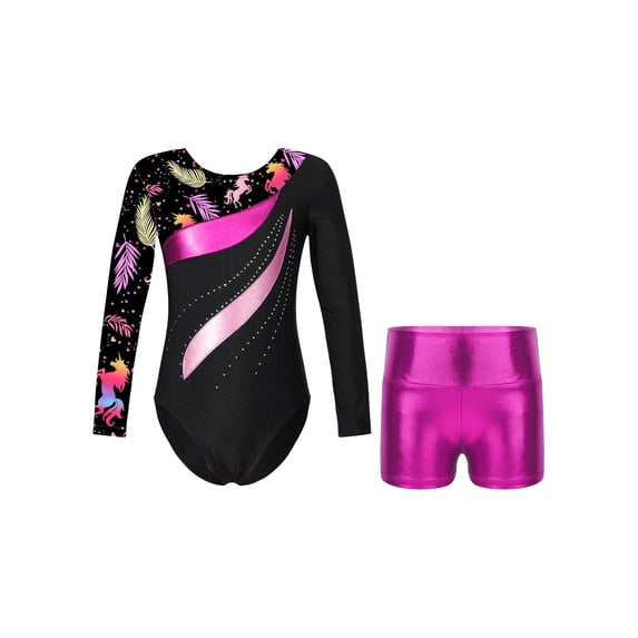 Sholeno Kids Girls Long Sleeve Dance Biketards with Shorts for Ballet Tumbling Gymnastics Dancewear Leaves Black 10