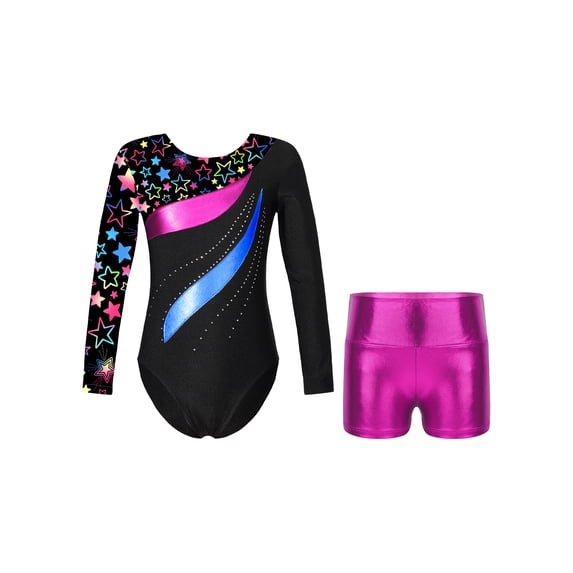 Sholeno Kids Girls Long Sleeve Dance Biketards with Shorts for Ballet Tumbling Gymnastics Dancewear Star Black 4